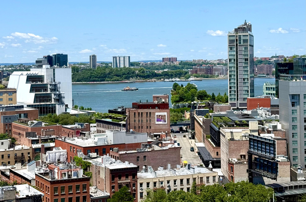 View of the Manhattan skyline from the Upper West Side, with the Hudson River and New Jersey in the background